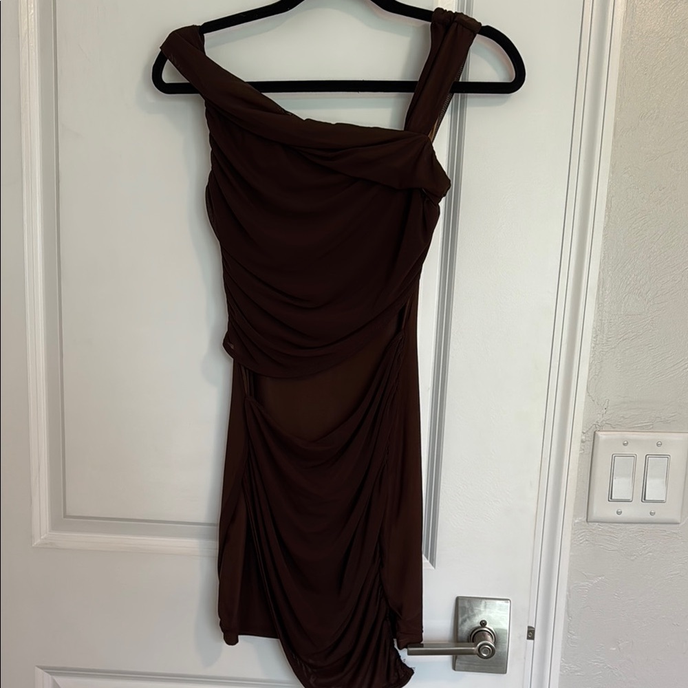 MAJORELLE Brown Asymmetrical Ruched Cocktail Dress